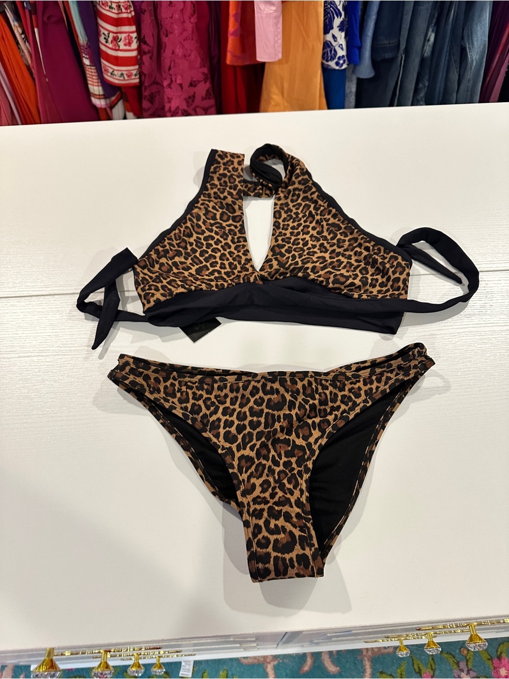 FOH Leopard Print Halter Bikini Set - Brown